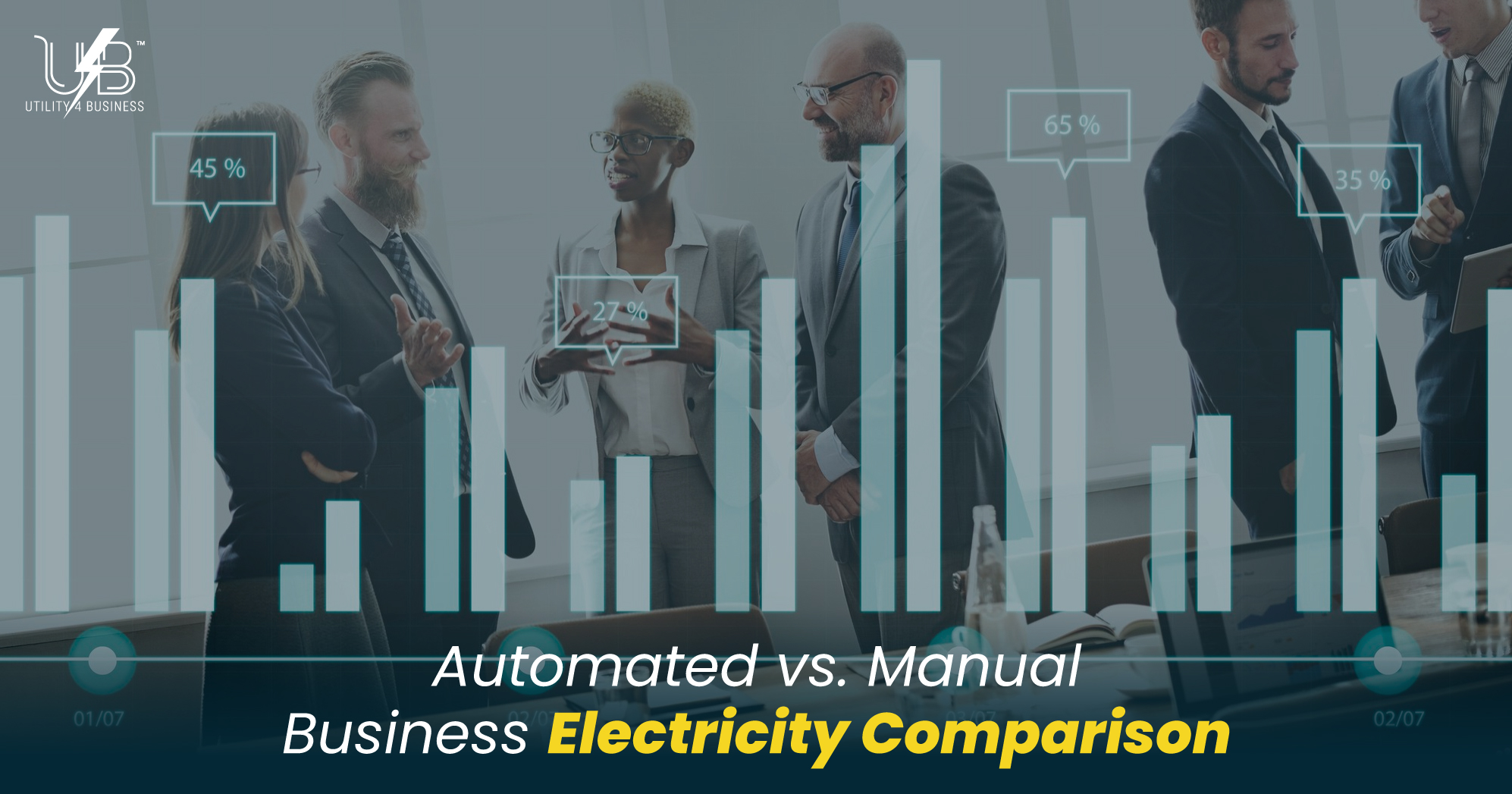 Business electricity comparison team reviewing automated vs manual energy tariffs for cost savings and contract efficiency in the office.